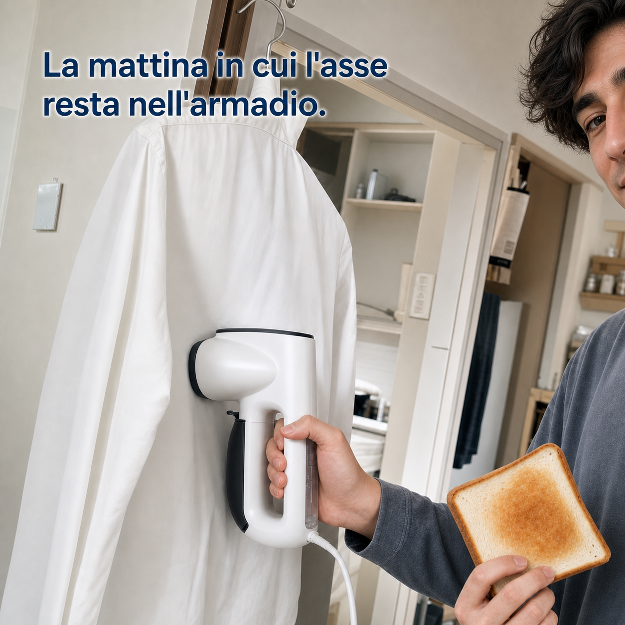 Ragazzo che stira la camicia appesa con NMY mentre fa colazione, senza asse da stiro