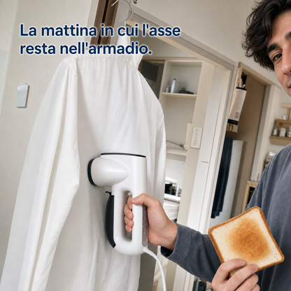 Ragazzo che stira la camicia appesa con NMY mentre fa colazione, senza asse da stiro