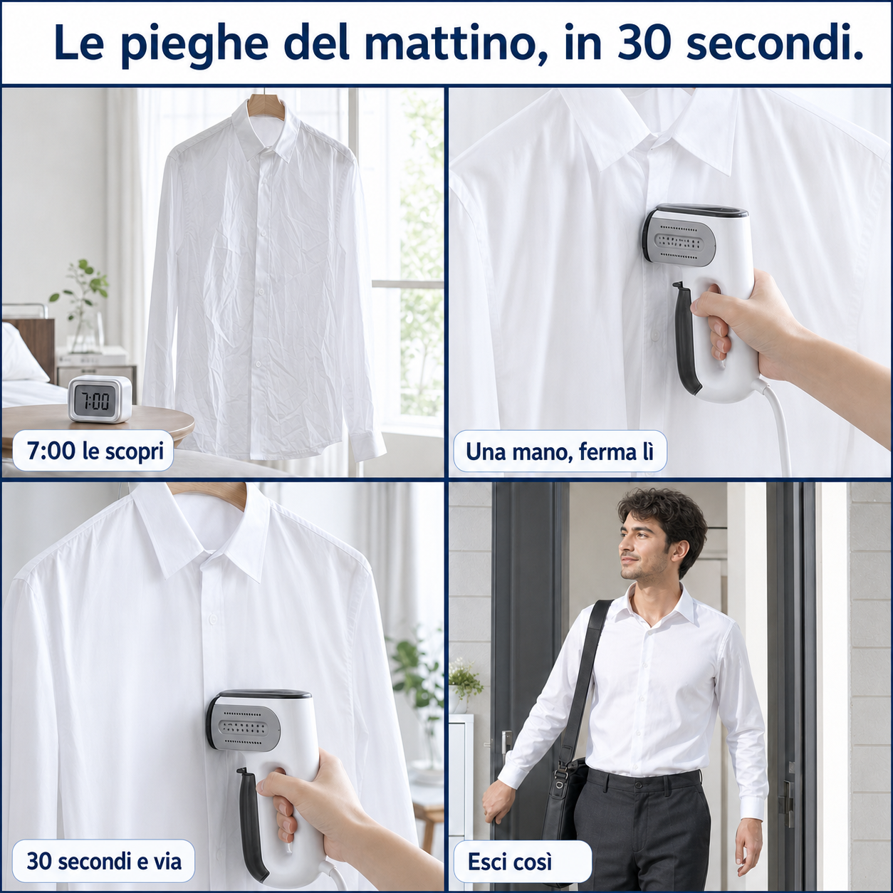 Storyboard: camicia stropicciata alle 7:00, stirata a vapore con NMY in 30 secondi, e si esce di casa