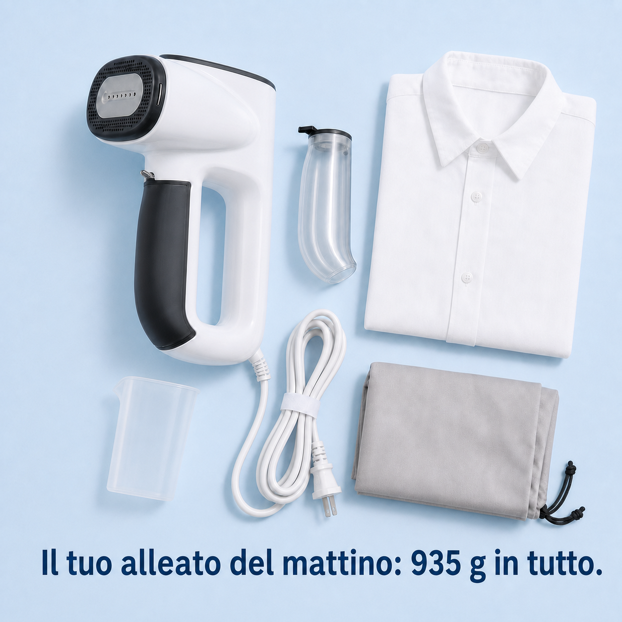 Contenuto della confezione: stiratore a vapore NMY, serbatoio, misurino, cavo e custodia — 935 g in tutto