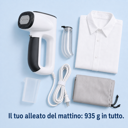 Contenuto della confezione: stiratore a vapore NMY, serbatoio, misurino, cavo e custodia — 935 g in tutto