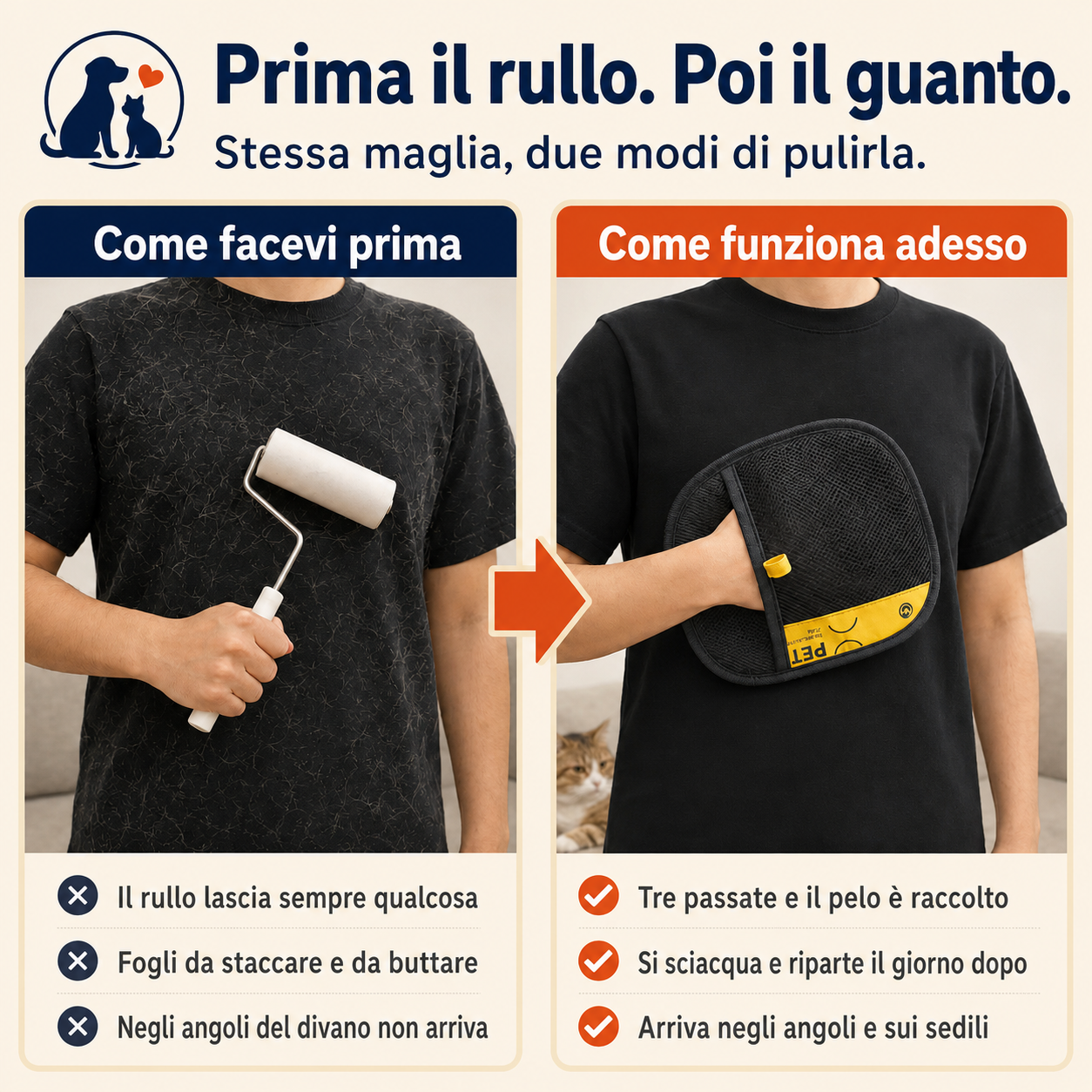 Due pannelli affiancati: il rullo di carta a sinistra, il levapeli a destra, sulla stessa maglia scura
