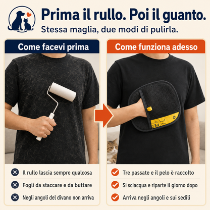 Due pannelli affiancati: il rullo di carta a sinistra, il levapeli a destra, sulla stessa maglia scura