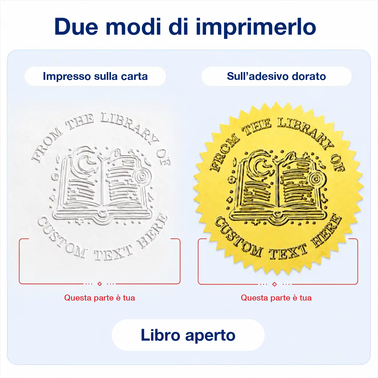 Il sigillo Libro aperto in due prove: a secco sulla pagina bianca e su adesivo dorato