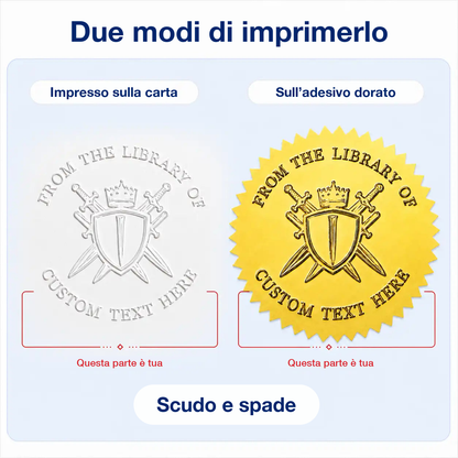 Il sigillo Scudo e spade in due prove: a secco sulla pagina bianca e su adesivo dorato