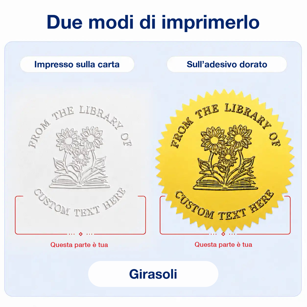 Il sigillo Girasoli in due prove: a secco sulla pagina bianca e su adesivo dorato