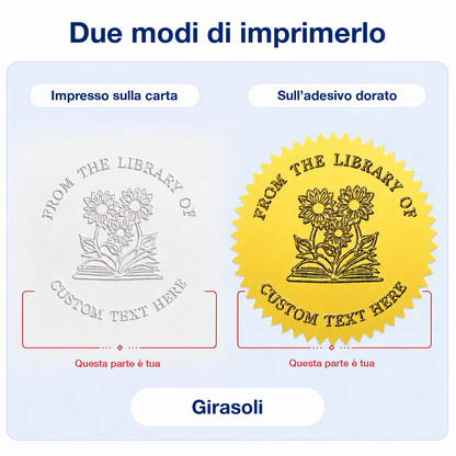 Il sigillo Girasoli in due prove: a secco sulla pagina bianca e su adesivo dorato