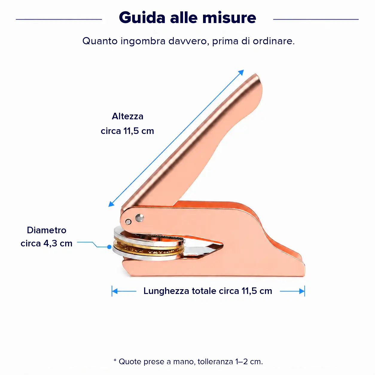 Schema quotato: il corpo misura 11,5 cm in altezza e 11,5 cm in lunghezza, il sigillo 4,3 cm di diametro