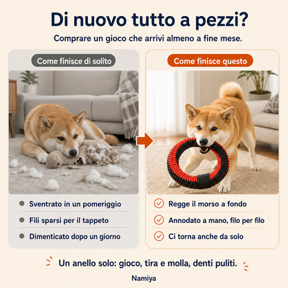 A sinistra un peluche sventrato, a destra l’anello Mordinodo ancora intatto