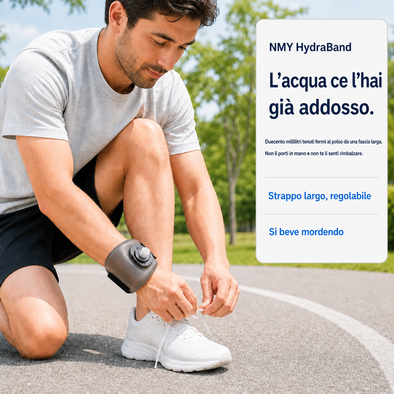 Un runner si allaccia le scarpe sul vialetto del parco, con la HydraBand nera al polso