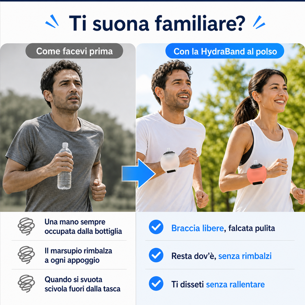 A sinistra chi corre stringendo una bottiglietta, a destra due persone che corrono con la HydraBand al polso
