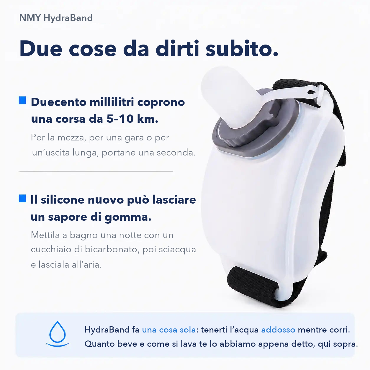 Scheda sincera: la capacità copre una corsa da 5-10 km e il silicone nuovo può sapere di gomma, con il rimedio del bicarbonato