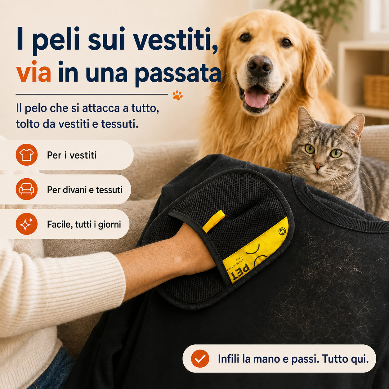 Guanto raccogli peli nero indossato sulla mano mentre pulisce una felpa nera piena di peli, con un golden retriever e un gatto sul divano