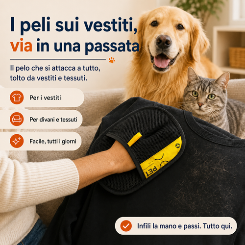 Guanto raccogli peli nero indossato sulla mano mentre pulisce una felpa nera piena di peli, con un golden retriever e un gatto sul divano
