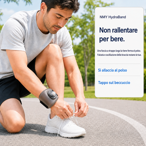 Uomo inginocchiato su un vialetto che si allaccia la scarpa da corsa, con la borraccia da polso HydraBand nera fissata all'avambraccio