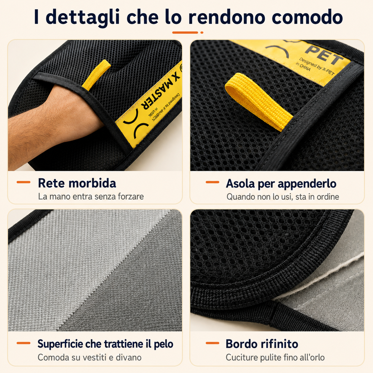 Quattro dettagli del guanto raccogli peli: rete morbida, asola gialla, superficie che trattiene il pelo, bordo rifinito
