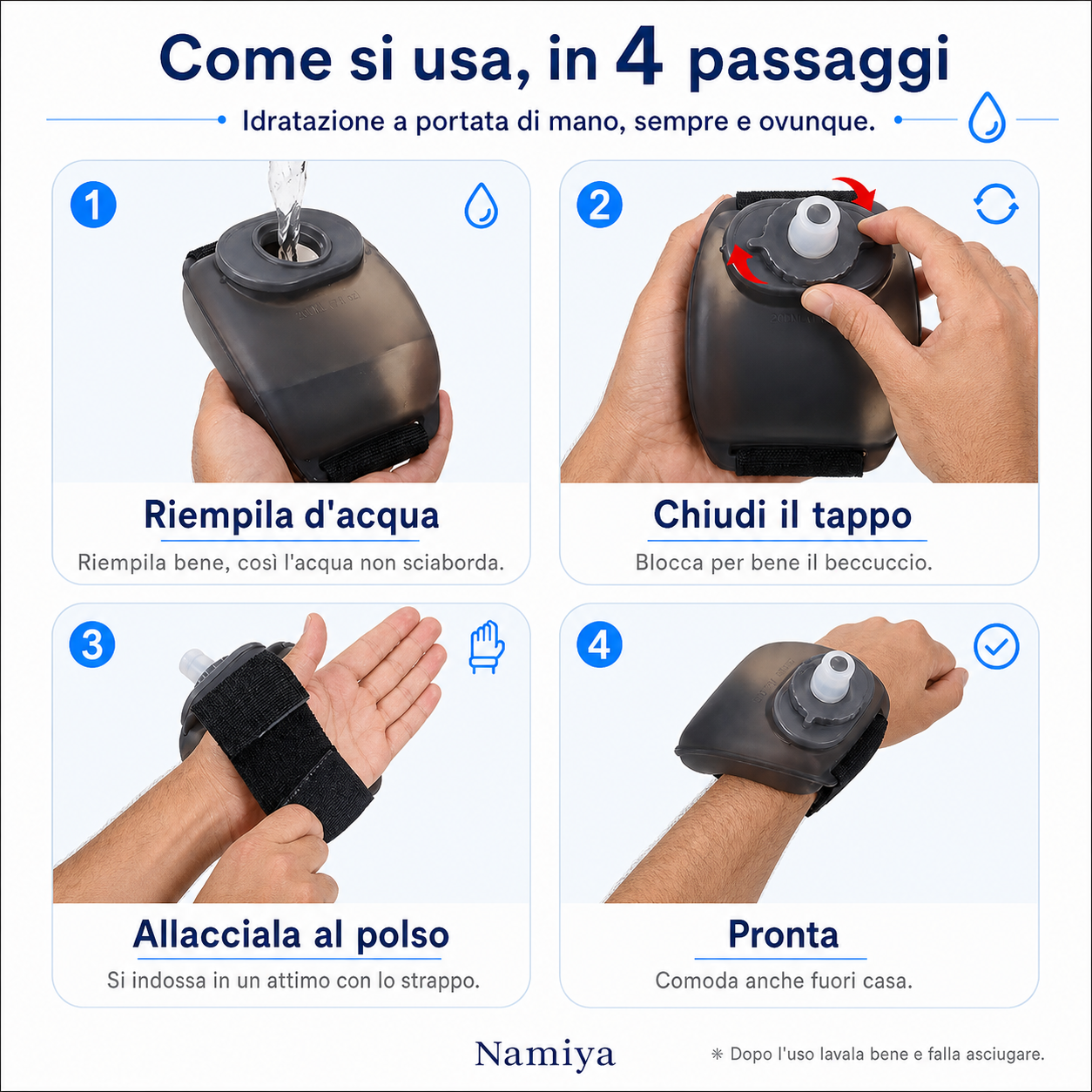 Come si usa la borraccia da polso in quattro passaggi: riempirla, chiudere il tappo, allacciarla al polso, indossata