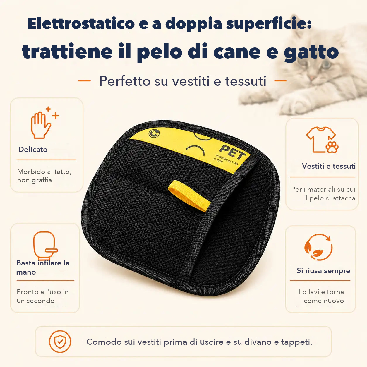 Guanto raccogli peli su fondo crema con quattro caratteristiche: delicato, per vestiti e tessuti, si infila in un secondo, riutilizzabile