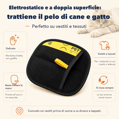 Guanto raccogli peli su fondo crema con quattro caratteristiche: delicato, per vestiti e tessuti, si infila in un secondo, riutilizzabile