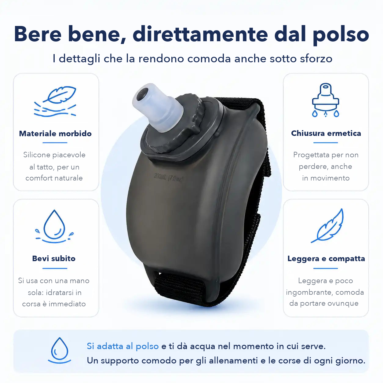 Le caratteristiche della borraccia da polso: materiale morbido in silicone, chiusura ermetica, si beve con una mano sola, leggera e compatta