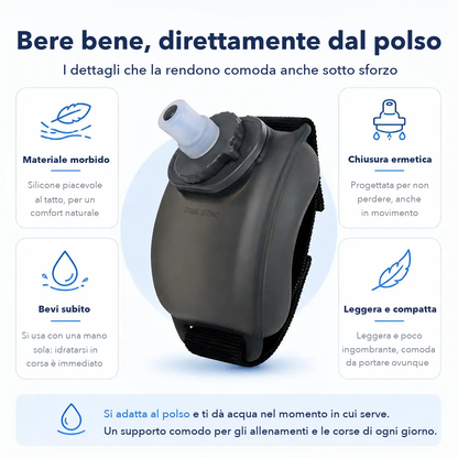 Le caratteristiche della borraccia da polso: materiale morbido in silicone, chiusura ermetica, si beve con una mano sola, leggera e compatta