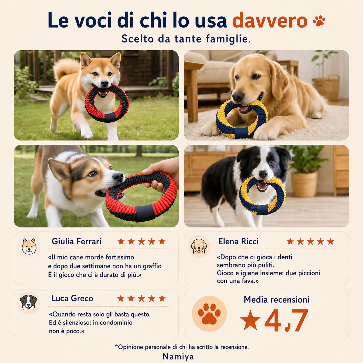 Quattro cani che giocano con l'anello Mordinodo e tre recensioni a cinque stelle