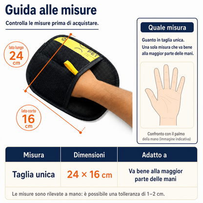 Misure del guanto raccogli peli: taglia unica 24 × 16 cm, adatta alla maggior parte delle mani