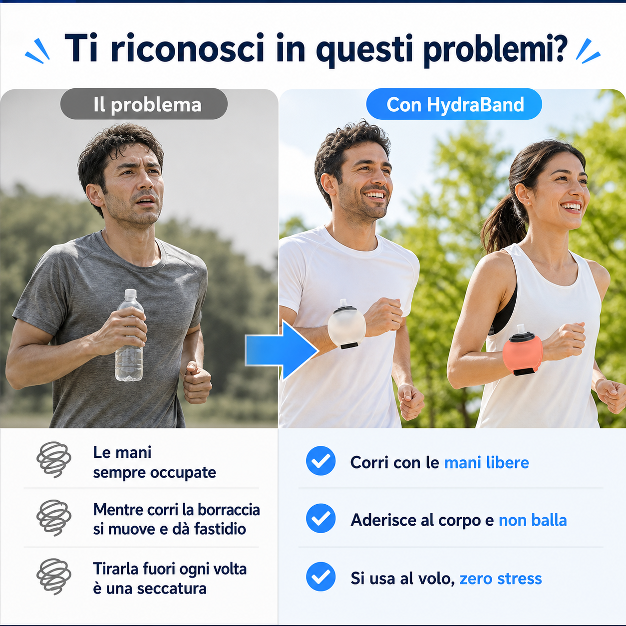 Confronto: a sinistra un corridore con la bottiglia in mano, a destra due persone che corrono a mani libere con la borraccia da polso HydraBand