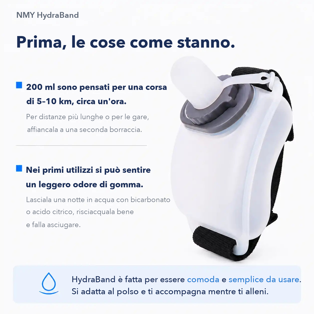 I due limiti dichiarati apertamente: 200 ml pensati per corse di 5-10 km e un leggero odore di gomma nei primi utilizzi, con il rimedio
