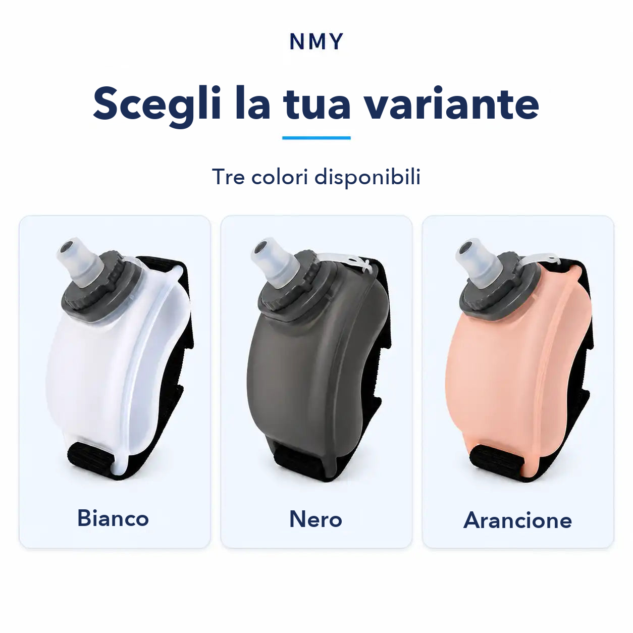 Le tre varianti di colore della borraccia da polso HydraBand: bianco, nero e arancione