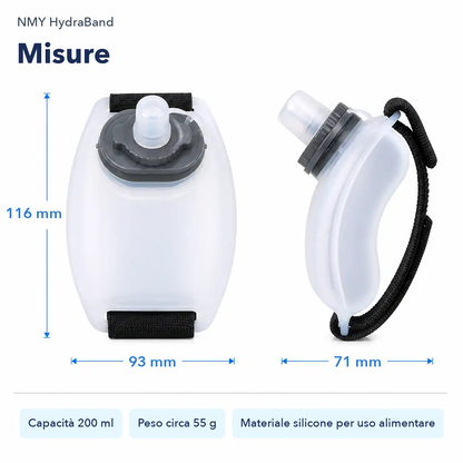 Misure della borraccia da polso HydraBand: 116 mm di altezza, 93 mm di larghezza, 71 mm di spessore, capacità 200 ml, peso circa 55 g
