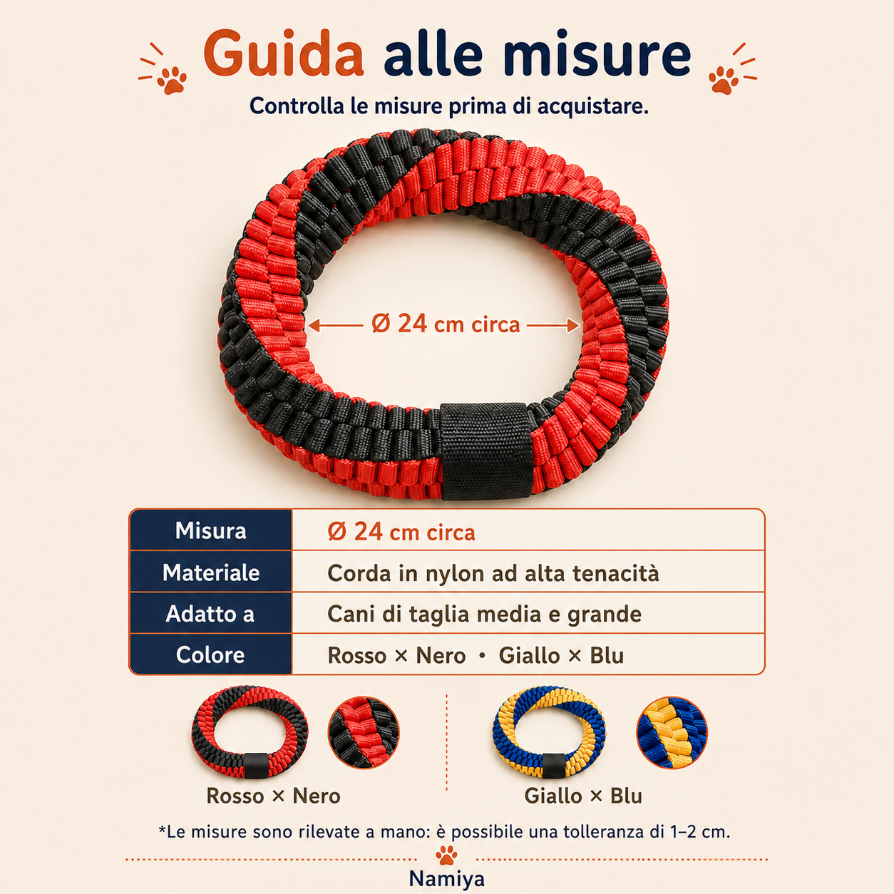 Guida alle misure: anello di 24 cm di diametro, materiale e colori disponibili